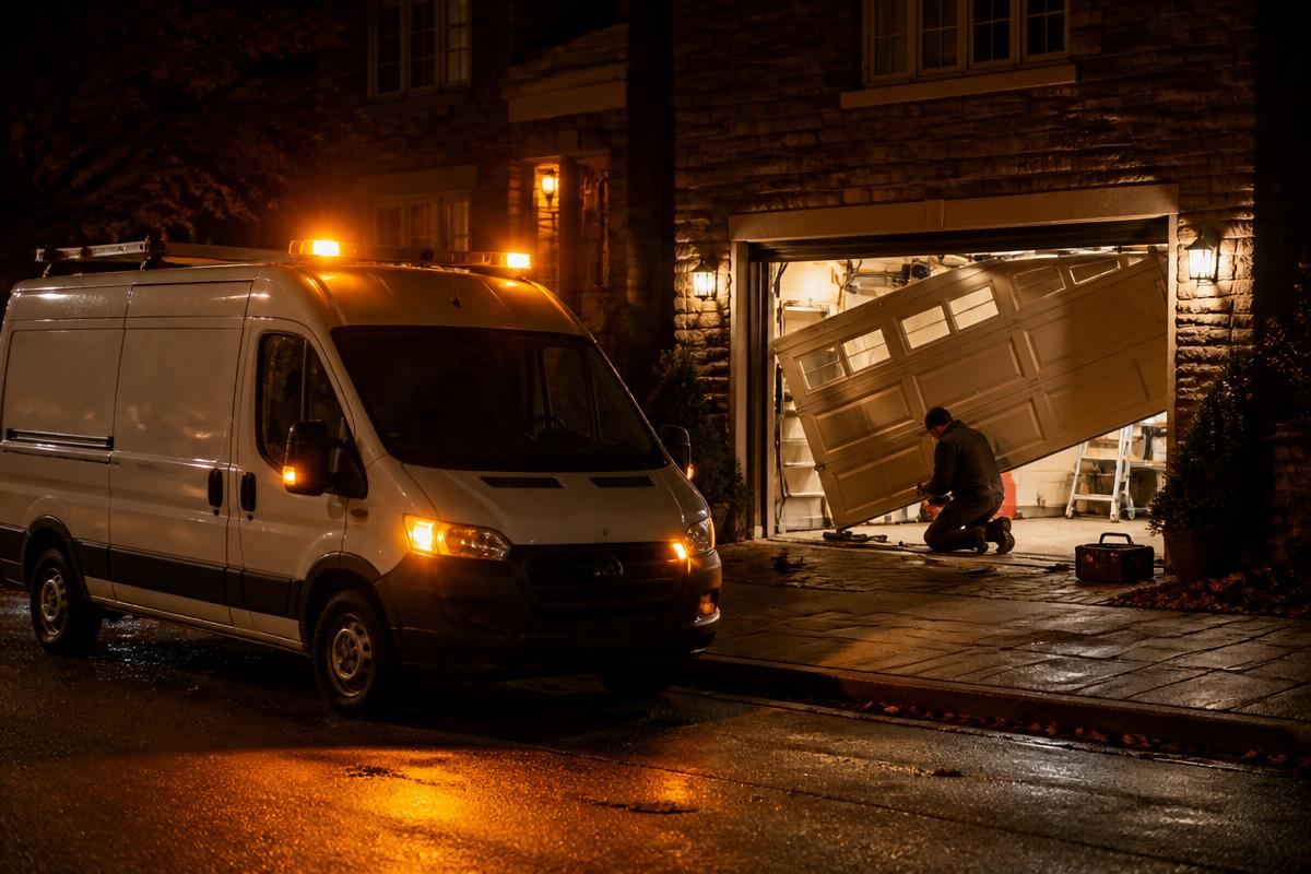 Emergency garage door technician beside a service van at night